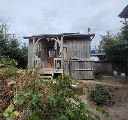 The Aerie — a weathered-wood cabin on the dunes with a driftwood-arch porch